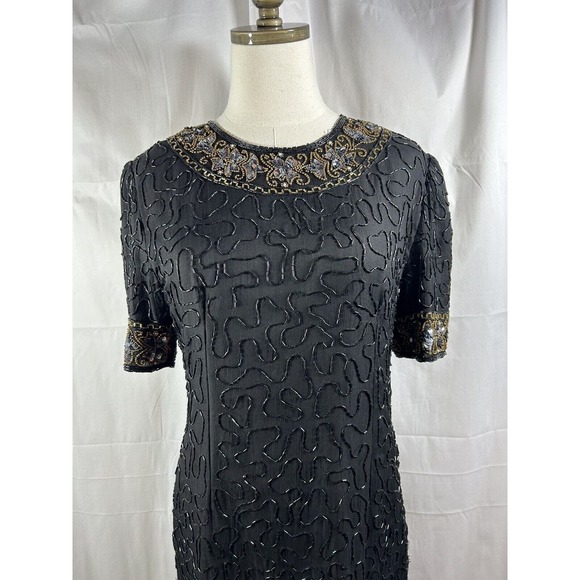 Stenay Black knee sheath dress gown gold bead pearl sequin size P6 VTG - Picture 2 of 11